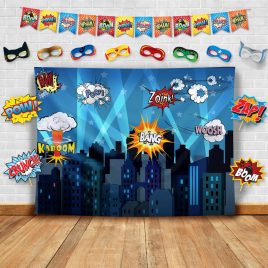 Superhero Cityscape Photography Backdrop, Studio Props, Flags and Mask DIY Kit