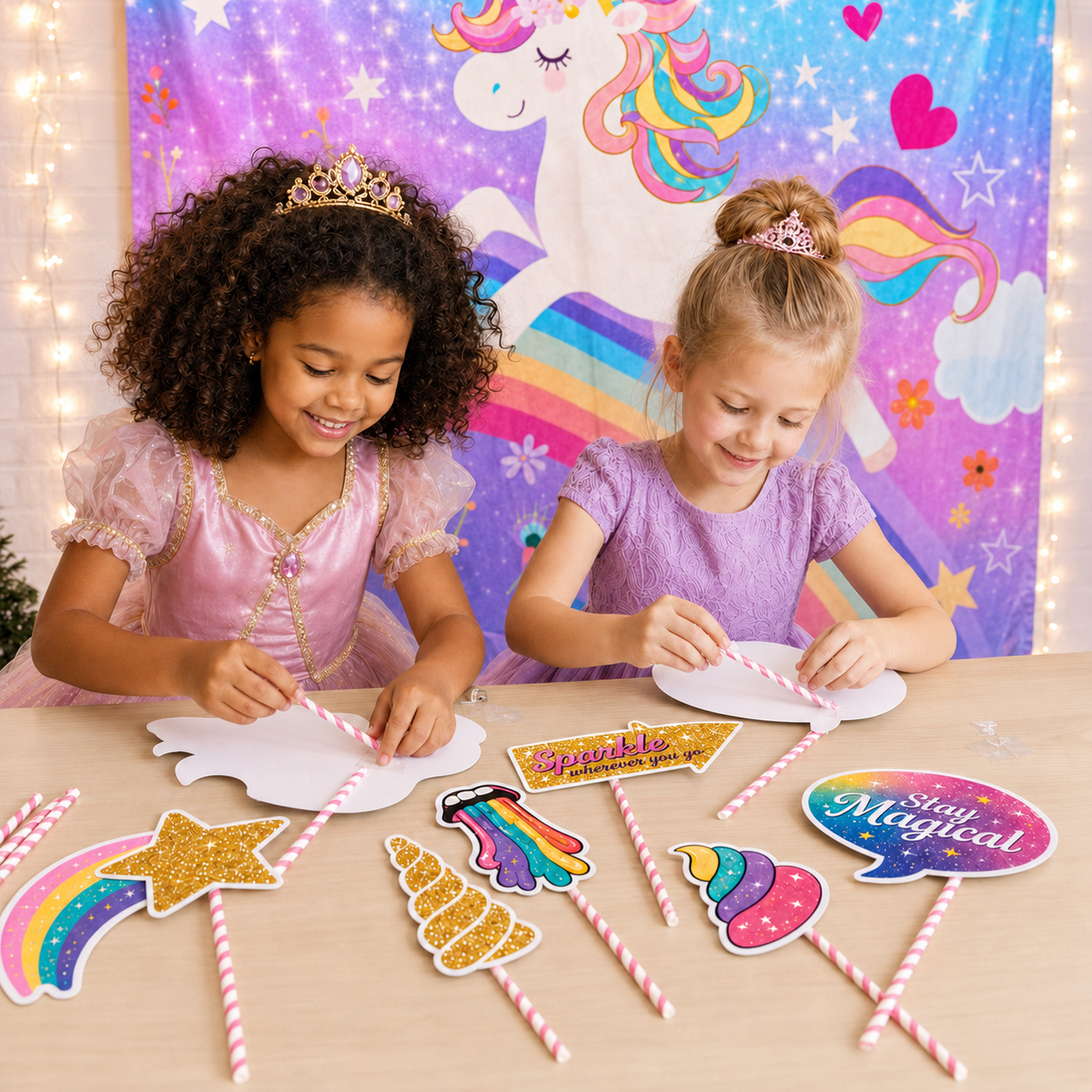 Two girls assembling unicorn and rainbow photo props at a craft table
