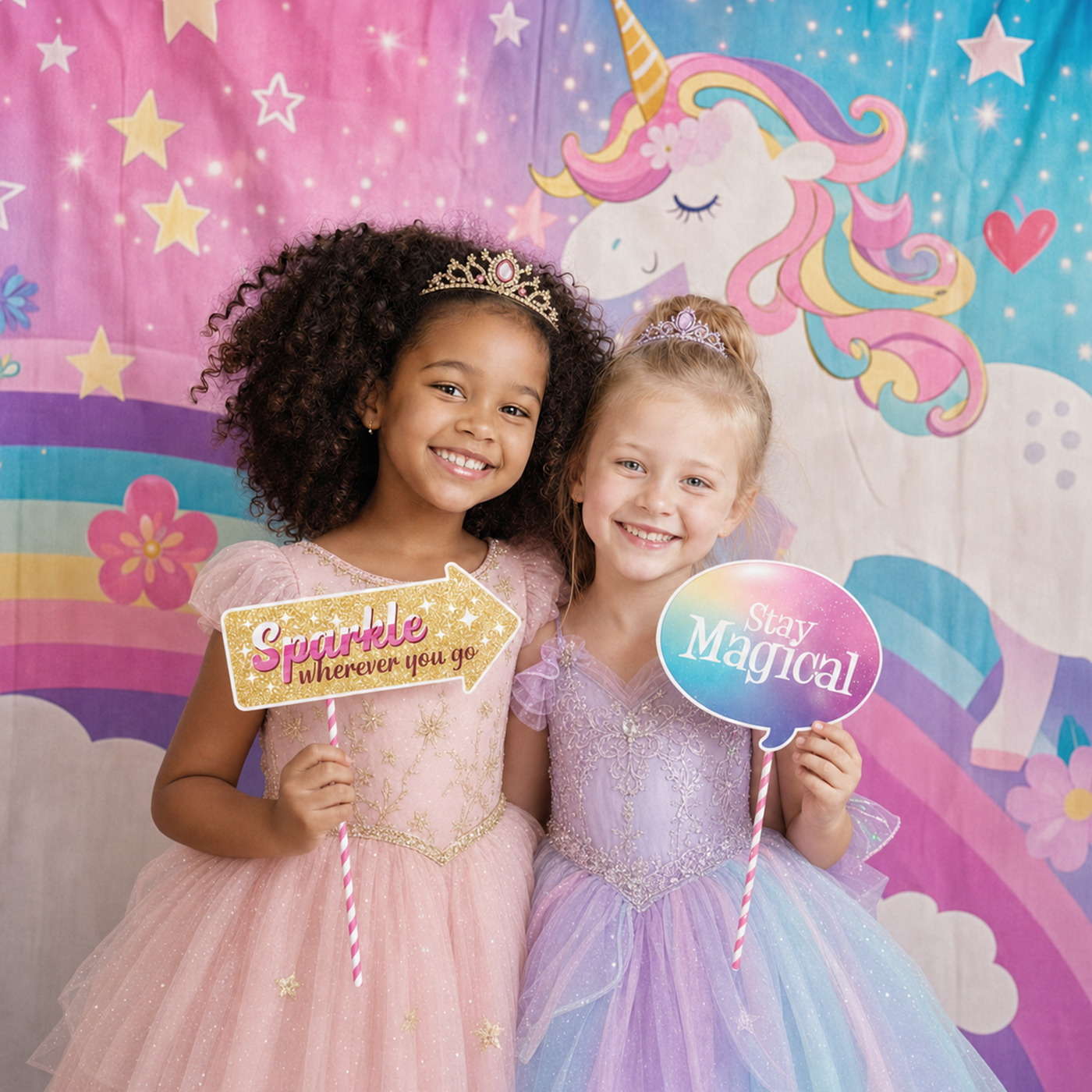 Two girls in tiaras holding sparkle photo props at the unicorn rainbow backdrop