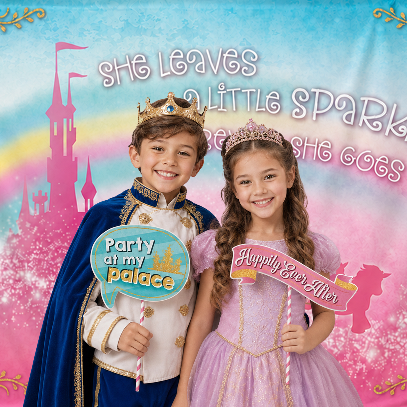 Boy and girl in prince and princess costumes with party photo props at the castle backdrop