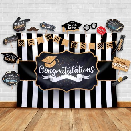Printed Photo Booth Cards & Backdrop of Graduation Theme – Glittery Garden