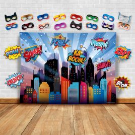 Superheroes Cityscape Photography Backdrop, Studio Props & Mask. Great as Super Hero City Photo Booth Background – Girl Birthday Party & Event Decorations