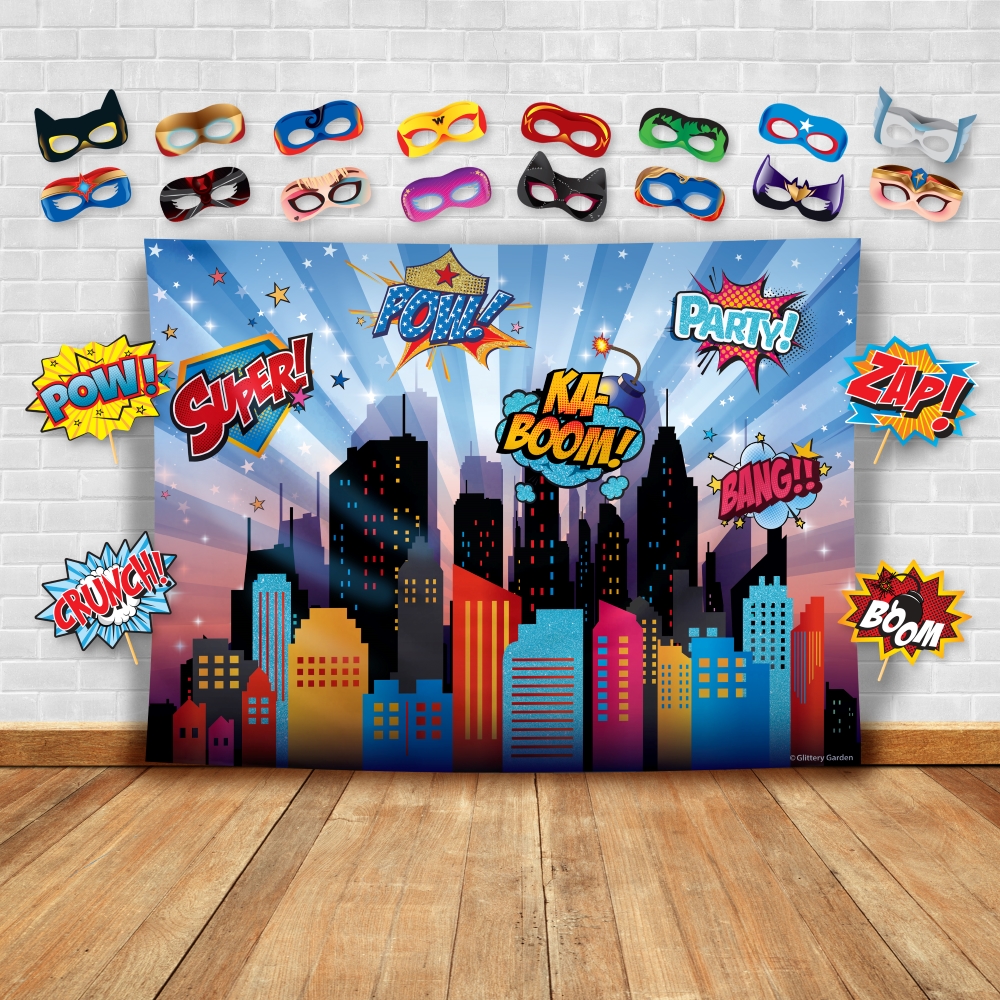 Superheroes Cityscape Photography Backdrop, Studio Props & Mask. Great as  Super Hero City Photo Booth Background – Girl Birthday Party & Event  Decorations – Glittery Garden